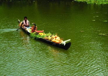 Farmer on country boat in Backwaters in Kerala in South India