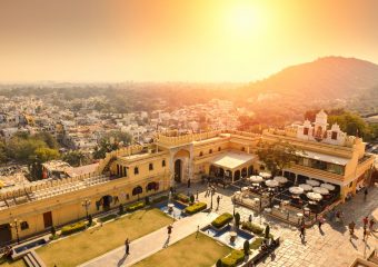 Sun set at Manek Chowk in City Palace in Udaipur in Rajasthan in India