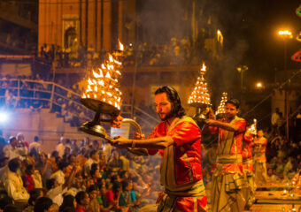 Evening Puja - arti - Fire lamps - River Ganges - Sacred river Ganga - Varanasi - North India