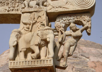 Intricate Carving on stone on pillar at Sanchi stupa - Buddhist city in central India - Madhya Pradesh - India