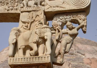 Intricate Carving on stone on pillar at Sanchi stupa - Buddhist city in central India - Madhya Pradesh - India